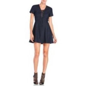 Lush Lace Up Fit and Flair Denim Dress